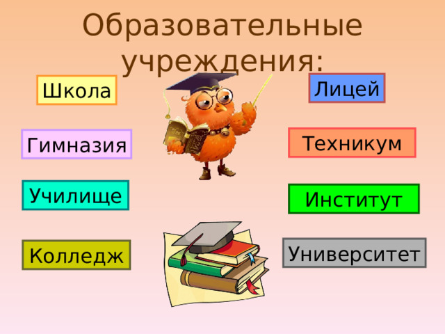Образовательные учреждения: Лицей Школа Техникум Гимназия Училище Институт Университет Колледж 