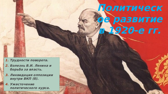 Политическое развитие в 1920-е гг. Трудности поворота. Болезнь В.И. Ленина и борьба за власть. Ликвидация оппозиции внутри ВКП (б). Ужесточение политического курса. 