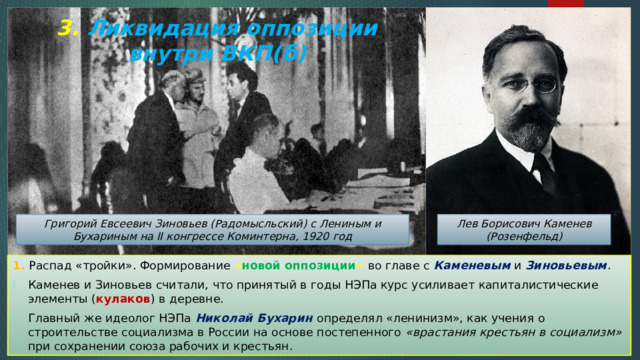 3. Ликвидация оппозиции внутри ВКП(б) Лев Борисович Каменев (Розенфельд) Григорий Евсеевич Зиновьев (Радомысльский) с Лениным и Бухариным на II конгрессе Коминтерна, 1920 год 1. Распад «тройки». Формирование « новой оппозиции » во главе с Каменевым и Зиновьевым . Каменев и Зиновьев считали, что принятый в годы НЭПа курс усиливает капиталистические элементы ( кулаков ) в деревне. Главный же идеолог НЭПа Николай Бухарин определял «ленинизм», как учения о строительстве социализма в России на основе постепенного «врастания крестьян в социализм» при сохранении союза рабочих и крестьян. 