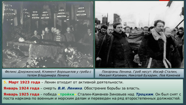 Похороны Ленина. Гроб несут: Иосиф Сталин, Михаил Калинин, Николай Бухарин, Лев Каменев Феликс Дзержинский, Климент Ворошилов у гроба с телом Владимира Ленина 5. Март 1923 года – Ленин отходит от активной деятельности. Январь 1924 года – смерть В.И. Ленина . Обострение борьбы за власть. Январь 1925 года – победа « тройки »  Сталин-Каменев-Зиновьев над Троцким . Он был снят с поста наркома по военным и морским делам и переведен на ряд второстепенных должностей. 