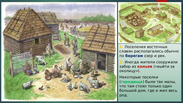 2. Поселения восточных славян располагались обычно по берегам озер и рек. 3. Иногда жители сооружали забор из кольев («выйти за околицу»). Некоторые поселки ( городища ) были так малы, что там стоял только один большой дом, где и жил весь род. 