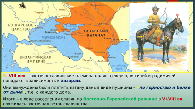 5. VIII век – восточнославянские племена полян, северян, вятичей и радимичей попадают в зависимость к хазарам . Они вынуждены были платить кагану дань в виде пушнины –  « по горностаю и белке от дыма » , т.е. с каждого дома. Итоги – в ходе расселения славян по Восточно-Европейской равнине в VI-VIII вв. сложилась восточная ветвь славянства. 