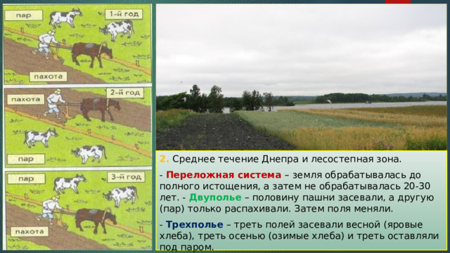 2. Среднее течение Днепра и лесостепная зона. - Переложная система – земля обрабатывалась до полного истощения, а затем не обрабатывалась 20-30 лет. - Двуполье – половину пашни засевали, а другую (пар) только распахивали. Затем поля меняли. - Трехполье – треть полей засевали весной (яровые хлеба), треть осенью (озимые хлеба) и треть оставляли под паром. 