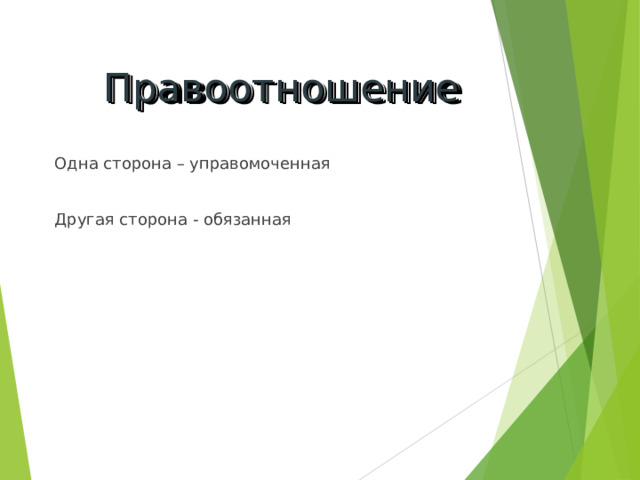 Правоотношение Одна сторона – управомоченная Другая сторона - обязанная 