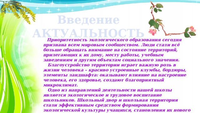 Введение АКТУАЛЬНОСТЬ  Приоритетность экологического образования сегодня признана всем мировым сообществом. Люди стали всё больше обращать внимание на состояние территорий, прилегающих к их дому, месту работы, учебным заведениям и другим объектам социального значения.  Благоустройство территории играет важную роль в жизни человека – красиво устроенные клумбы, бордюры, элементы ландшафта: оказывают влияние на настроение человека, его здоровье, создают благоприятный микроклимат.  Одно из направлений деятельности нашей школы является экологическое и трудовое воспитание школьников. Школьный двор и школьная территория стали эффективным средством формирования экологической культуры учащихся, становления их нового гражданского сознания, социального становления личности. Эта работа в настоящее время является наиболее важной и актуальной для самореализации на пользу себе и другим, обретения опыта жизненного созидательного успеха. 