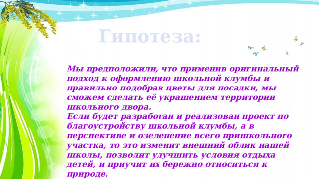 Гипотеза: Мы предположили, что применив оригинальный подход к оформлению школьной клумбы и правильно подобрав цветы для посадки, мы сможем сделать её украшением территории школьного двора. Если будет разработан и реализован проект по благоустройству школьной клумбы, а в перспективе и озеленение всего пришкольного участка, то это изменит внешний облик нашей школы, позволит улучшить условия отдыха детей, и приучит их бережно относиться к природе. 