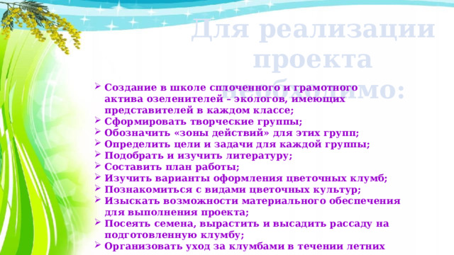 Для реализации проекта необходимо: Создание в школе сплоченного и грамотного актива озеленителей – экологов, имеющих представителей в каждом классе; Сформировать творческие группы; Обозначить «зоны действий» для этих групп; Определить цели и задачи для каждой группы; Подобрать и изучить литературу; Составить план работы; Изучить варианты оформления цветочных клумб; Познакомиться с видами цветочных культур; Изыскать возможности материального обеспечения для выполнения проекта; Посеять семена, вырастить и высадить рассаду на подготовленную клумбу; Организовать уход за клумбами в течении летних месяцев.  