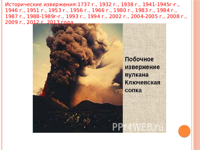 Исторические извержения:1737 г., 1932 г., 1938 г., 1941-1945г-г., 1946 г., 1951 г., 1953 г., 1956 г., 1966 г., 1980 г., 1983 г., 1984 г., 1987 г., 1988-1989г-г., 1993 г., 1994 г., 2002 г., 2004-2005 г., 2008 г., 2009 г., 2012 г. 2013 года 