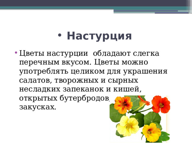  Настурция   Цветы настурции обладают слегка перечным вкусом. Цветы можно употреблять целиком для украшения салатов, творожных и сырных несладких запеканок и кишей, открытых бутербродов, в холодных закусках. 