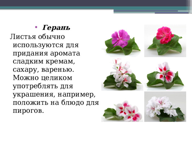 Герань  Листья обычно используются для придания аромата сладким кремам, сахару, варенью. Можно целиком употреблять для украшения, например, положить на блюдо для пирогов. 