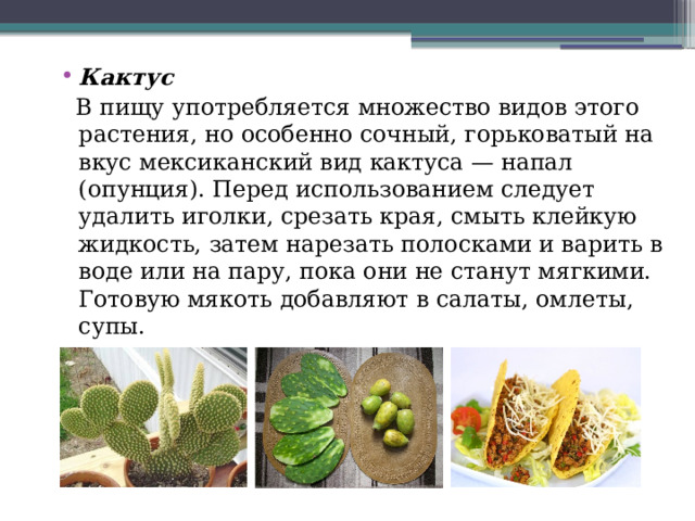 Кактус   В пищу употребляется множество видов этого растения, но особенно сочный, горьковатый на вкус мексиканский вид кактуса — напал (опунция). Перед использованием следует удалить иголки, срезать края, смыть клейкую жидкость, затем нарезать полосками и варить в воде или на пару, пока они не станут мягкими. Готовую мякоть добавляют в салаты, омлеты, супы. 