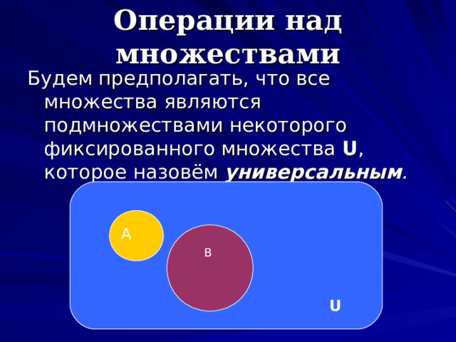 Операции над множествами Будем предполагать, что все множества являются подмножествами некоторого фиксированного множества U , которое назовём универсальным .  A B U 