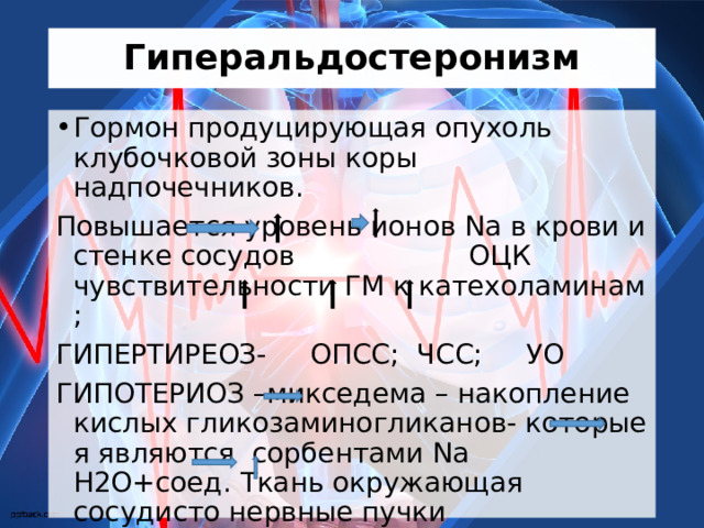 Гиперальдостеронизм Гормон продуцирующая опухоль клубочковой зоны коры надпочечников. Повышается уровень ионов Na в крови и стенке сосудов ОЦК чувствительности ГМ к катехоламинам ; ГИПЕРТИРЕОЗ- ОПСС; ЧСС; УО ГИПОТЕРИОЗ –микседема – накопление кислых гликозаминогликанов- которые я являются сорбентами Na Н2О+соед. Ткань окружающая сосудисто нервные пучки сдавление ОПСС+ АД и возникают ОТЕКИ 