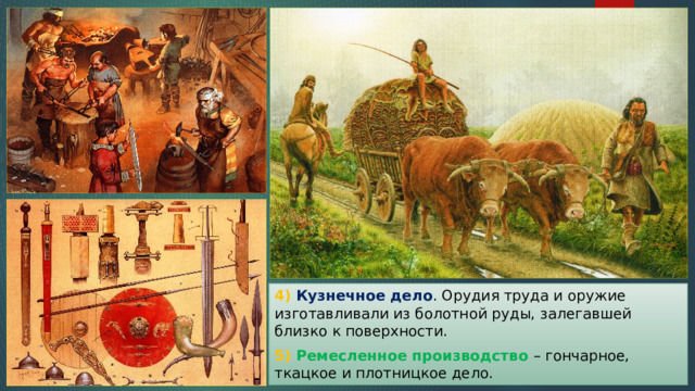 4) Кузнечное дело . Орудия труда и оружие изготавливали из болотной руды, залегавшей близко к поверхности. 5) Ремесленное производство – гончарное, ткацкое и плотницкое дело. 