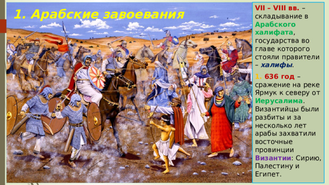 VII – VIII вв. – складывание в Арабского халифата , государства во главе которого стояли правители – халифы . 1. 636 год – сражение на реке Ярмук к северу от Иерусалима . Византийцы были разбиты и за несколько лет арабы захватили восточные провинции Византии : Сирию, Палестину и Египет. 1. Арабские завоевания 