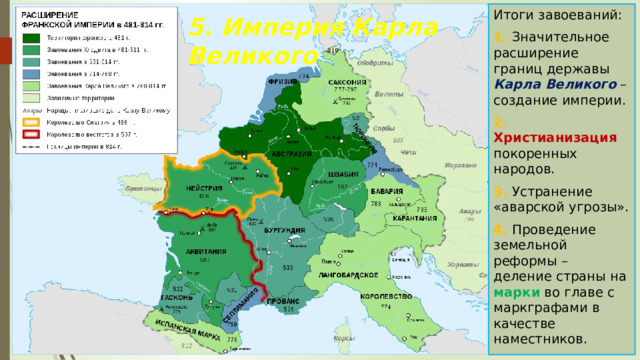 Итоги завоеваний: 1. Значительное расширение границ державы Карла Великого – создание империи. 2. Христианизация покоренных народов. 3. Устранение «аварской угрозы». 4. Проведение земельной реформы – деление страны на марки во главе с маркграфами в качестве наместников. 5. Империя Карла Великого 