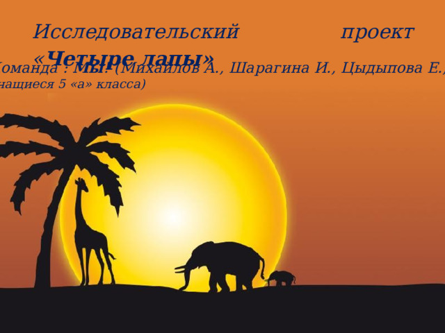 Исследовательский проект « Четыре лапы» Команда : Мы ! (Михайлов А., Шарагина И., Цыдыпова Е.,  учащиеся 5 «а» класса) 