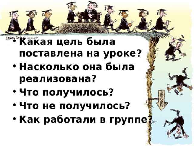 Какая цель была поставлена на уроке? Насколько она была реализована? Что получилось? Что не получилось? Как работали в группе? 