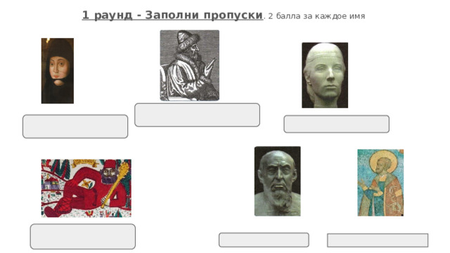 1 раунд - Заполни пропуски . 2 балла за каждое имя 