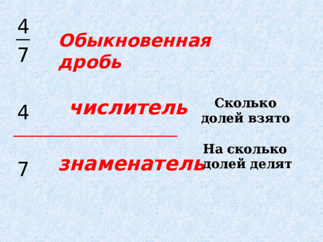 4 7 4 7 Обыкновенная дробь числитель Сколько долей взято На сколько долей делят знаменатель 