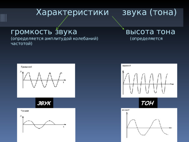    Характеристики звука (тона)   громкость звука    высота тона  (определяется амплитудой колебаний)  (определяется частотой)     