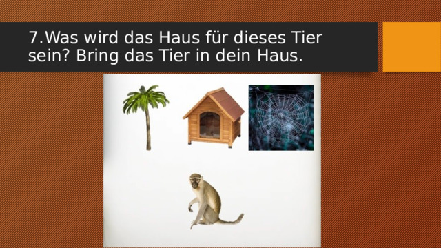 7.  Was wird das Haus für dieses Tier sein? Bring das Tier in dein Haus. 