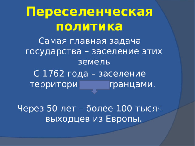 Переселенческая политика Самая главная задача государства – заселение этих земель С 1762 года – заселение территории иностранцами. Через 50 лет – более 100 тысяч выходцев из Европы. 