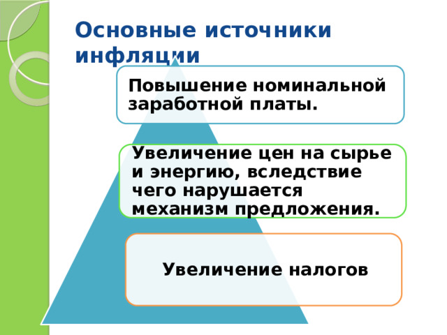 Основные источники инфляции Повышение номинальной заработной платы. Увеличение цен на сырье и энергию, вследствие чего нарушается механизм предложения. Увеличение налогов 