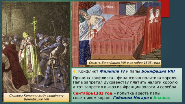 Смерть Бонифация VIII в октябре 1303 года 4. Конфликт Филиппа IV и папы Бонифация VIII . Причина конфликта - финансовая политика короля. Папа запретил духовенству платить налоги королю, а тот запретил вывоз из Франции золота и серебра. Сентябрь1303 год – попытка ареста папы советником короля Гийомом Ногаре в Ананье . Скьярра Колонна даёт пощёчину Бонифацию VIII 