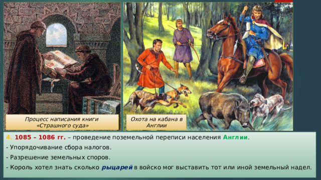 Процесс написания книги Охота на кабана в Англии «Страшного суда» 4. 1085 – 1086 гг. – проведение поземельной переписи населения Англии . - Упорядочивание сбора налогов. - Разрешение земельных споров. - Король хотел знать сколько рыцарей в войско мог выставить тот или иной земельный надел. 