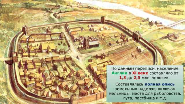 По данным переписи, население Англии в XI веке составляло от 1,3 до 2,5 млн. человек. Составлялась полная опись земельных наделов, включая мельницы, места для рыболовства, луга, пастбища и т.д. 