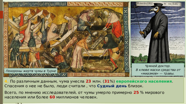 Чумной доктор. B клюве маски средства от «миазмов» — травы. Похороны жертв чумы в Турне 4. По различным данным, чума унесла 23 млн. ( 31 %) европейского населения . Спасения о нее не было, люди считали , что Судный день близок. Всего, по мнению исследователей, от чумы умерло примерно 25 % мирового населения или более 60 миллионов человек. 
