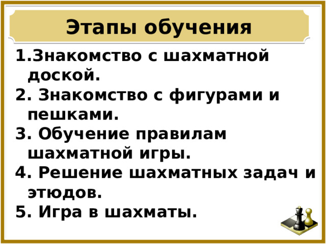 Этапы обучения Знакомство с шахматной доской. 2. Знакомство с фигурами и пешками. 3. Обучение правилам шахматной игры. 4. Решение шахматных задач и этюдов. 5. Игра в шахматы. 