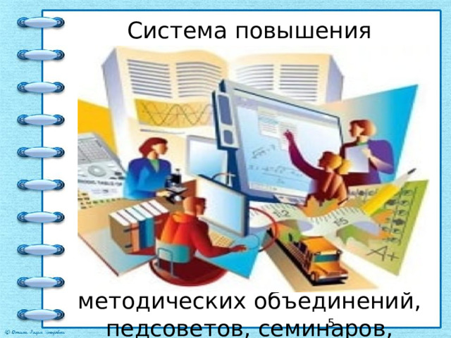 Система повышения квалификации.  Аттестация педагогических работников на соответствие занимаемой должности и квалификационную категорию.  Самообразование педагогов.  Активное участие в работе методических объединений, педсоветов, семинаров, конференций, мастер-классов.  