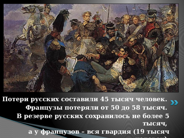 Потери русских составили 45 тысяч человек. Французы потеряли от 50 до 58 тысяч. В резерве русских сохранилось не более 5 тысяч, а у французов – вся гвардия (19 тысяч человек). 