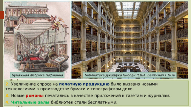 Библиотека Джорджа Пибоди (США. Балтимор.) 1878 Бумажная фабрика Нофманна 2. Увеличение спроса на печатную продукцию было вызвано новыми технологиями в производстве бумаги и типографском деле. 3. Новые романы печатались в качестве приложений к газетам и журналам. 4. Читальные залы библиотек стали бесплатными. 
