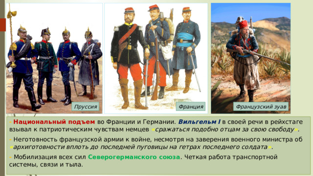 Пруссия Франция Французский зуав -  Национальный подъем во Франции и Германии. Вильгельм I в своей речи в рейхстаге взывал к патриотическим чувствам немцев « сражаться подобно отцам за свою свободу » . - Неготовность французской армии к войне, несмотря на заверения военного министра об « архиготовности вплоть до последней пуговицы на гетрах последнего солдата » . - Мобилизация всех сил Северогерманского союза . Четкая работа транспортной системы, связи и тыла. 