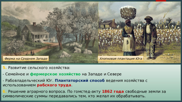 Ферма на Среднем Западе Хлопковая плантация Юга 5. Развитие сельского хозяйства: - Семейное и фермерское хозяйство на Западе и Севере - Рабовладельческий Юг. Плантаторский способ ведения хозяйства с использованием рабского труда . 6. Решение аграрного вопроса. По гомстед-акту 1862 года свободные земли за символические суммы передавались тем, кто желал их обрабатывать. 