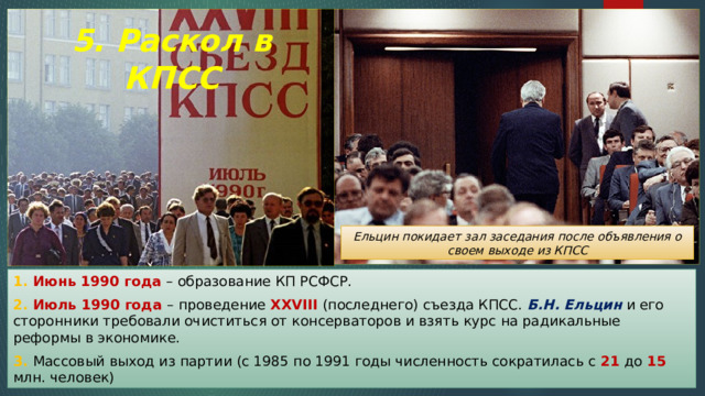 5. Раскол в КПСС Ельцин покидает зал заседания после объявления о своем выходе из КПСС 1. Июнь 1990 года – образование КП РСФСР. 2. Июль 1990 года – проведение XXVIII (последнего) съезда КПСС. Б.Н.  Ельцин и его сторонники требовали очиститься от консерваторов и взять курс на радикальные реформы в экономике. 3. Массовый выход из партии (с 1985 по 1991 годы численность сократилась с 21 до 15 млн. человек) 
