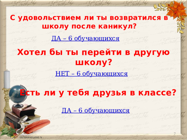 С удовольствием ли ты возвратился в школу после каникул? ДА – 6 обучающихся Хотел бы ты перейти в другую школу? НЕТ – 6 обучающихся Есть ли у тебя друзья в классе? ДА – 6 обучающихся  