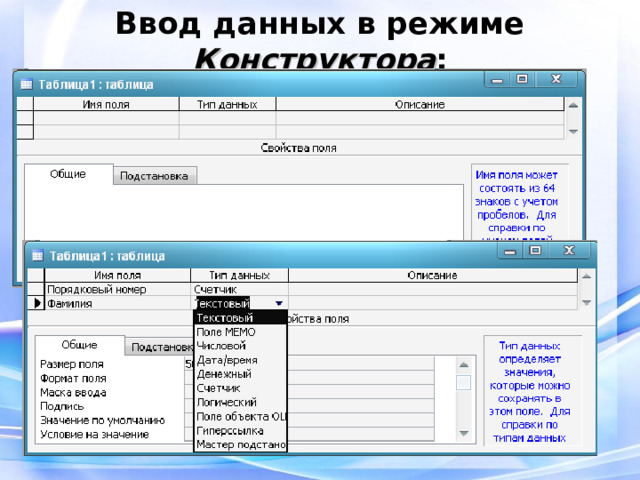 Ввод данных в режиме Конструктора : 