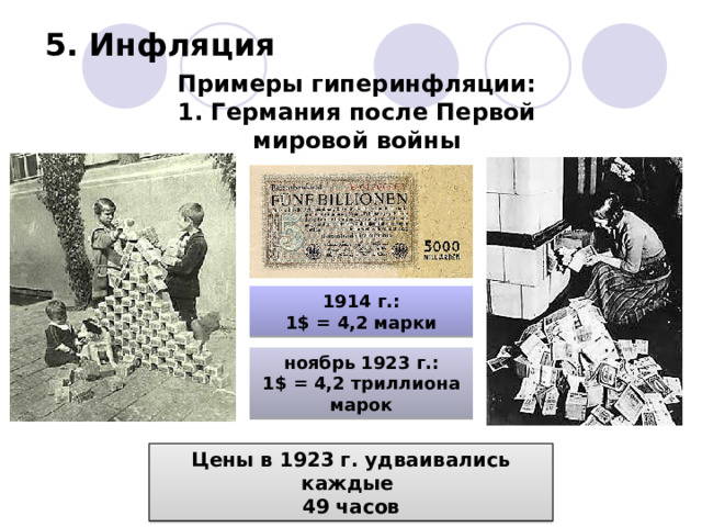 5. Инфляция Примеры гиперинфляции: 1. Германия после Первой мировой войны 1914 г.: 1$ = 4,2 марки ноябрь 1923 г.: 1$ = 4,2 триллиона марок Цены в 1923 г. удваивались каждые 49 часов 
