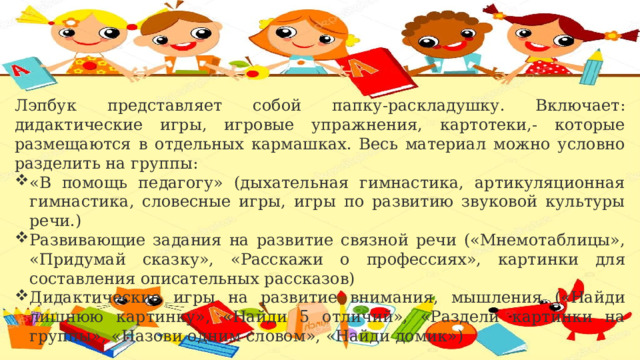 Лэпбук представляет собой папку-раскладушку. Включает: дидактические игры, игровые упражнения, картотеки,- которые размещаются в отдельных кармашках. Весь материал можно условно разделить на группы: «В помощь педагогу» (дыхательная гимнастика, артикуляционная гимнастика, словесные игры, игры по развитию звуковой культуры речи.) Развивающие задания на развитие связной речи («Мнемотаблицы», «Придумай сказку», «Расскажи о профессиях», картинки для составления описательных рассказов) Дидактические игры на развитие внимания, мышления («Найди лишнюю картинку», «Найди 5 отличий», «Раздели картинки на группы», «Назови одним словом», «Найди домик») 