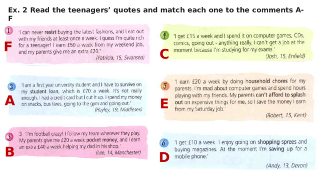 Ex. 2 Read the teenagers’ quotes and match each one to the comments A-F F C A E B D 