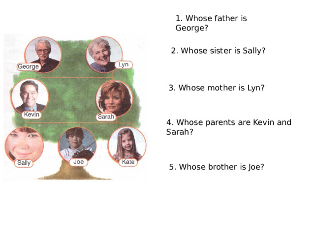 1. Whose father is George? 2. Whose sister is Sally? 3. Whose mother is Lyn? 4. Whose parents are Kevin and Sarah? 5. Whose brother is Joe? 