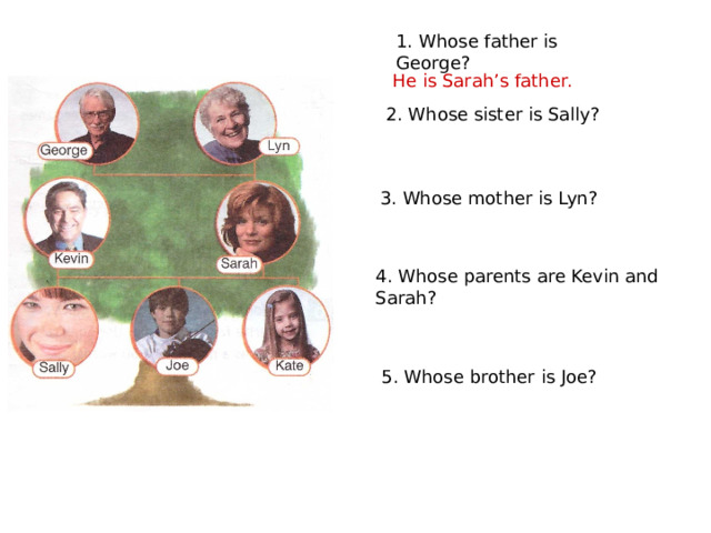1. Whose father is George? He is Sarah’s father. 2. Whose sister is Sally? 3. Whose mother is Lyn? 4. Whose parents are Kevin and Sarah? 5. Whose brother is Joe? 