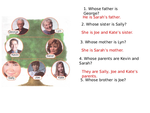 1. Whose father is George? He is Sarah’s father. 2. Whose sister is Sally? She is Joe and Kate’s sister. 3. Whose mother is Lyn? She is Sarah’s mother. 4. Whose parents are Kevin and Sarah? They are Sally, Joe and Kate’s parents. 5. Whose brother is Joe? 
