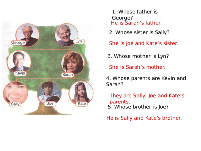 1. Whose father is George? He is Sarah’s father. 2. Whose sister is Sally? She is Joe and Kate’s sister. 3. Whose mother is Lyn? She is Sarah’s mother. 4. Whose parents are Kevin and Sarah? They are Sally, Joe and Kate’s parents. 5. Whose brother is Joe? He is Sally and Kate’s brother. 