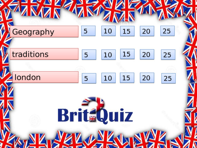 Geography  10 25 5 20 15 traditions 15 20 10 5 25 london 15 20 10 5 25 