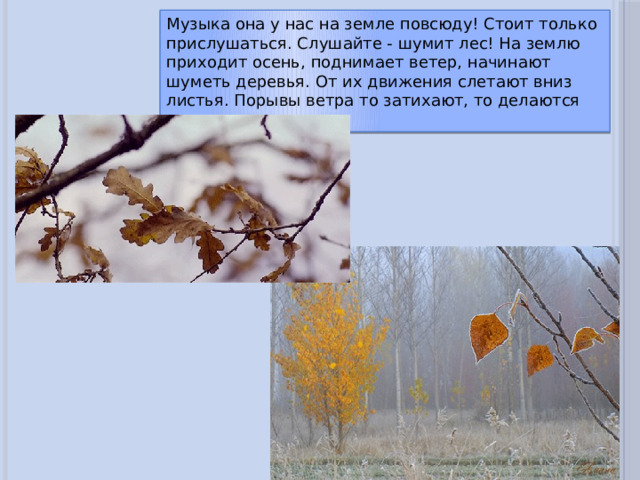 Музыка она у нас на земле повсюду! Стоит только прислушаться. Слушайте - шумит лес! На землю приходит осень, поднимает ветер, начинают шуметь деревья. От их движения слетают вниз листья. Порывы ветра то затихают, то делаются сильнее… 